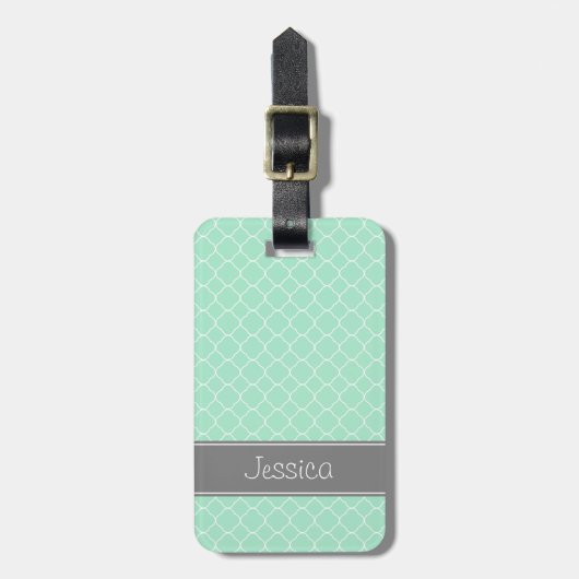 ミントとグレーのクローバーパーソナライズされたパターン ラゲッジタグ (正面縦)