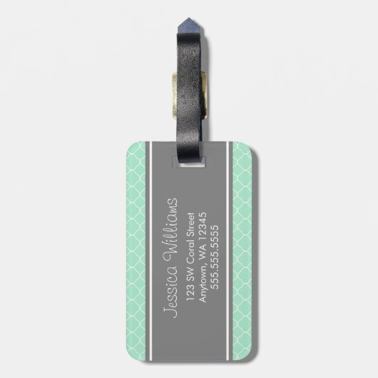 ミントとグレーのクローバーパーソナライズされたパターン ラゲッジタグ (裏面縦)