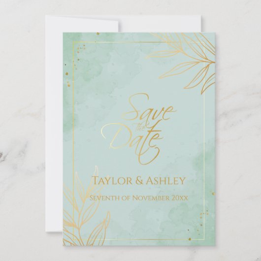 ミントとゴールドのウェディング セーブザデート (正面)