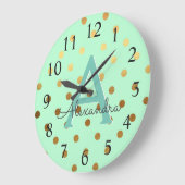 ミントとゴールドフォイル水玉模様モノグラム名 ラージ壁時計 (傾斜)