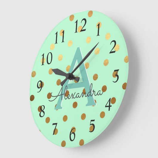 ミントとゴールドフォイル水玉模様モノグラム名 ラージ壁時計 (傾斜)