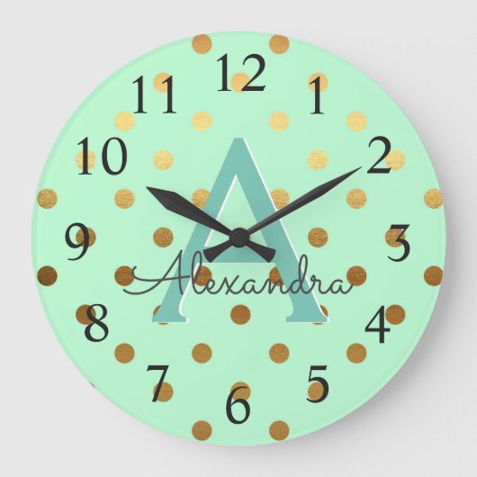 ミントとゴールドフォイル水玉模様モノグラム名 ラージ壁時計 (正面)