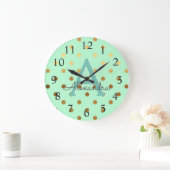 ミントとゴールドフォイル水玉模様モノグラム名 ラージ壁時計 (ホーム)