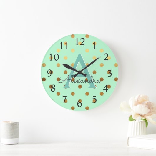 ミントとゴールドフォイル水玉模様モノグラム名 ラージ壁時計 (ホーム)