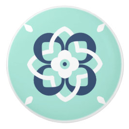 ミントとダークブルーの織り合わせ花柄 セラミックノブ