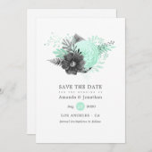 ミントとチャコールブラックの花のラスティックウェディング セーブザデート (正面/裏面)