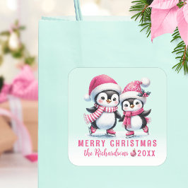 ミントとピンクのかわいいペンギンカスタムズメリークリスマス スクエアシール