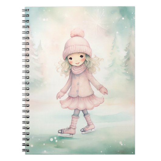 ミントとピンクの冬の風景の少女スケート ノートブック (正面)