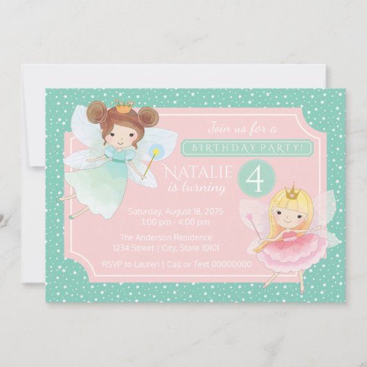 ミントとピンクの妖精プリンセスの誕生日パーティー招待状 招待状 (正面)