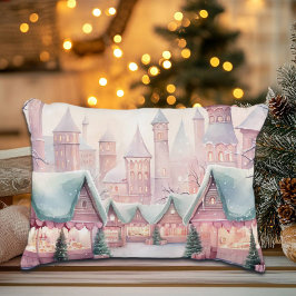 ミントとピンクの居心地の良いクリスマスマーケット – 冬のシーン アクセントクッション