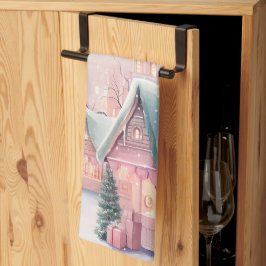 ミントとピンクの居心地の良いクリスマスマーケット – 冬のシーン キッチンタオル