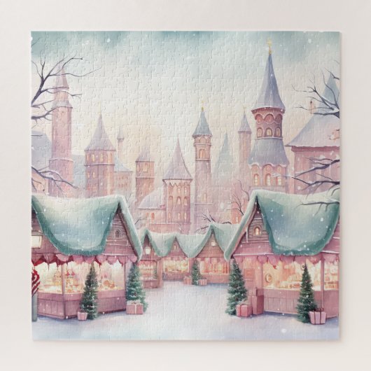 ミントとピンクの居心地の良いクリスマスマーケット – 冬のシーン ジグソーパズル (縦)