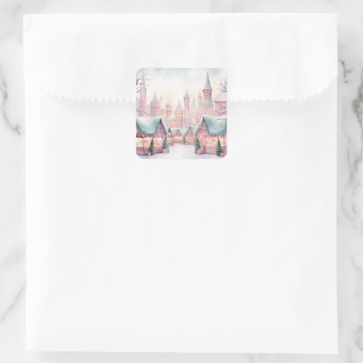 ミントとピンクの居心地の良いクリスマスマーケット – 冬のシーン スクエアシール (バッグ)