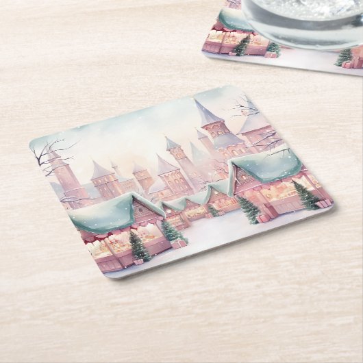 ミントとピンクの居心地の良いクリスマスマーケット – 冬のシーン スクエアペーパーコースター (アングル)