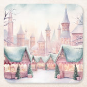 ミントとピンクの居心地の良いクリスマスマーケット – 冬のシーン スクエアペーパーコースター (正面)