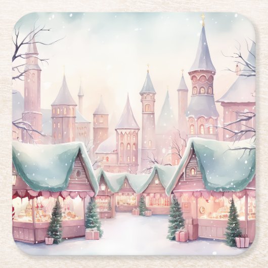 ミントとピンクの居心地の良いクリスマスマーケット – 冬のシーン スクエアペーパーコースター (正面)