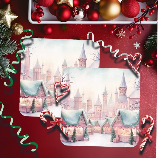 ミントとピンクの居心地の良いクリスマスマーケット – 冬のシーン スクエアペーパーコースター