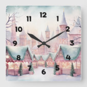 ミントとピンクの居心地の良いクリスマスマーケット – 冬のシーン スクエア壁時計 (正面)