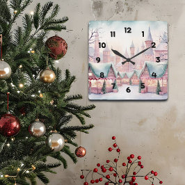 ミントとピンクの居心地の良いクリスマスマーケット – 冬のシーン スクエア壁時計