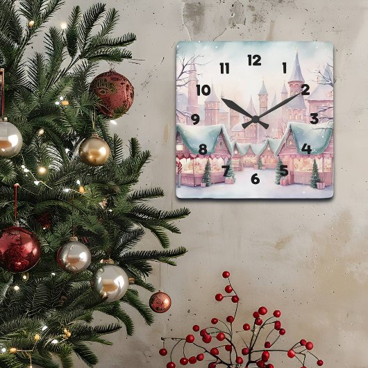 ミントとピンクの居心地の良いクリスマスマーケット – 冬のシーン スクエア壁時計