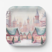 ミントとピンクの居心地の良いクリスマスマーケット – 冬のシーン ペーパープレート (正面)