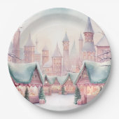 ミントとピンクの居心地の良いクリスマスマーケット – 冬のシーン ペーパープレート (正面)