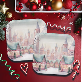 ミントとピンクの居心地の良いクリスマスマーケット – 冬のシーン ペーパープレート