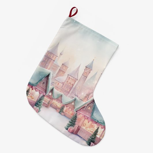 ミントとピンクの居心地の良いクリスマスマーケット – 冬のシーン ラージクリスマスストッキング (正面 (吊り時))