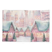 ミントとピンクの居心地の良いクリスマスマーケット – 冬のシーン 枕カバー (裏面)