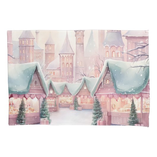 ミントとピンクの居心地の良いクリスマスマーケット – 冬のシーン 枕カバー (正面)