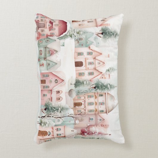 ミントとピンクの居心地の良い水彩冬のシーン アクセントクッション (正面(垂直))