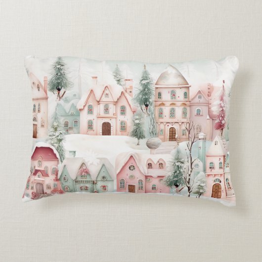 ミントとピンクの居心地の良い水彩冬のシーン アクセントクッション (裏面)