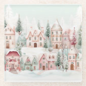 ミントとピンクの居心地の良い水彩冬のシーン ガラスコースター (正面)