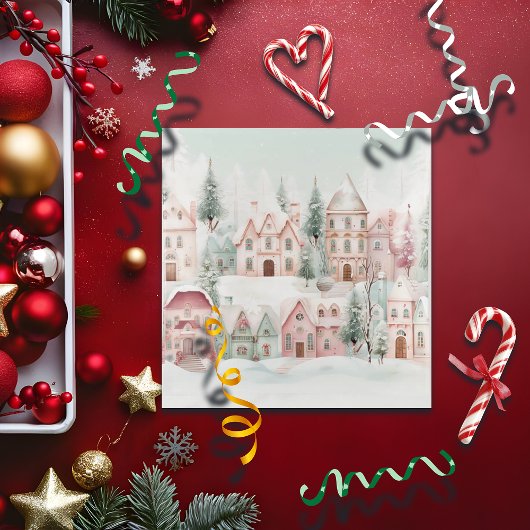 ミントとピンクの居心地の良い水彩冬のシーン ガラスコースター