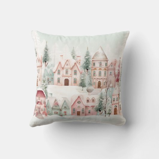 ミントとピンクの居心地の良い水彩冬のシーン クッション (裏面)