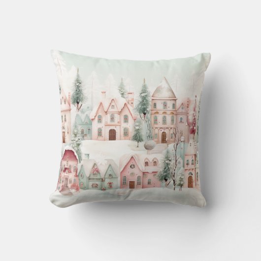 ミントとピンクの居心地の良い水彩冬のシーン クッション (正面)