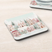 ミントとピンクの居心地の良い水彩冬のシーン コースター (左側)