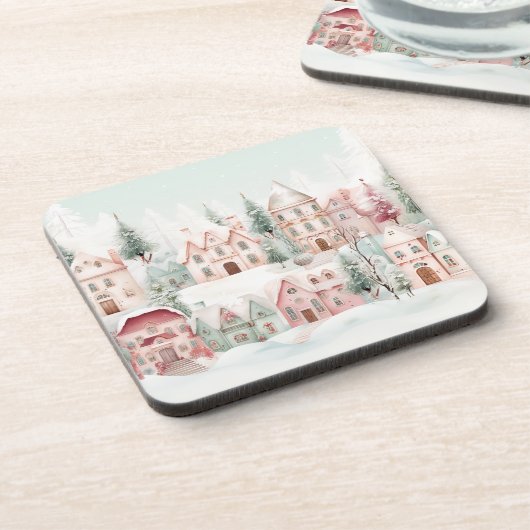 ミントとピンクの居心地の良い水彩冬のシーン コースター (左側)