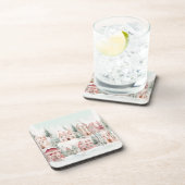 ミントとピンクの居心地の良い水彩冬のシーン コースター (右側)