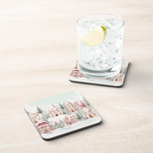 ミントとピンクの居心地の良い水彩冬のシーン コースター (右側)