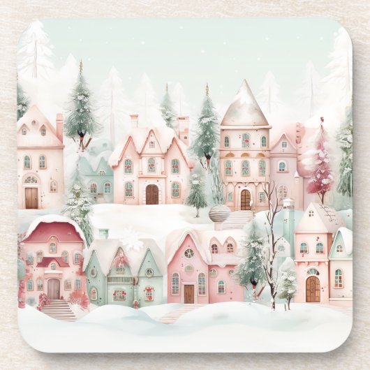 ミントとピンクの居心地の良い水彩冬のシーン コースター (正面)