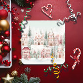 ミントとピンクの居心地の良い水彩冬のシーン スクエアペーパーコースター