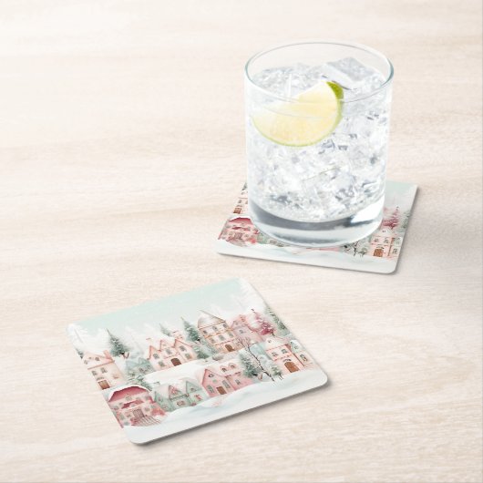 ミントとピンクの居心地の良い水彩冬のシーン スクエアペーパーコースター (インサイチュ)