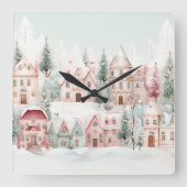 ミントとピンクの居心地の良い水彩冬のシーン スクエア壁時計 (正面)