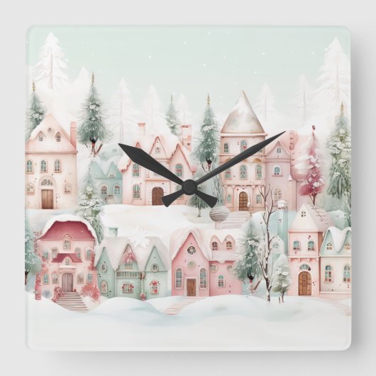 ミントとピンクの居心地の良い水彩冬のシーン スクエア壁時計 (正面)