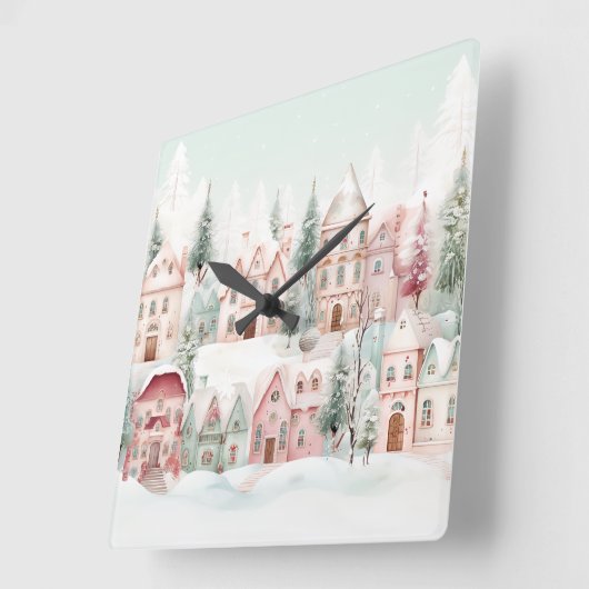 ミントとピンクの居心地の良い水彩冬のシーン スクエア壁時計 (傾斜)