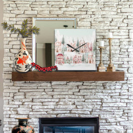 ミントとピンクの居心地の良い水彩冬のシーン スクエア壁時計