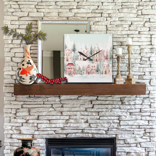 ミントとピンクの居心地の良い水彩冬のシーン スクエア壁時計