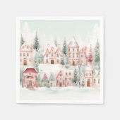 ミントとピンクの居心地の良い水彩冬のシーン スタンダードカクテルナプキン (正面)