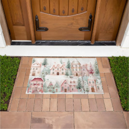 ミントとピンクの居心地の良い水彩冬のシーン ドアマット